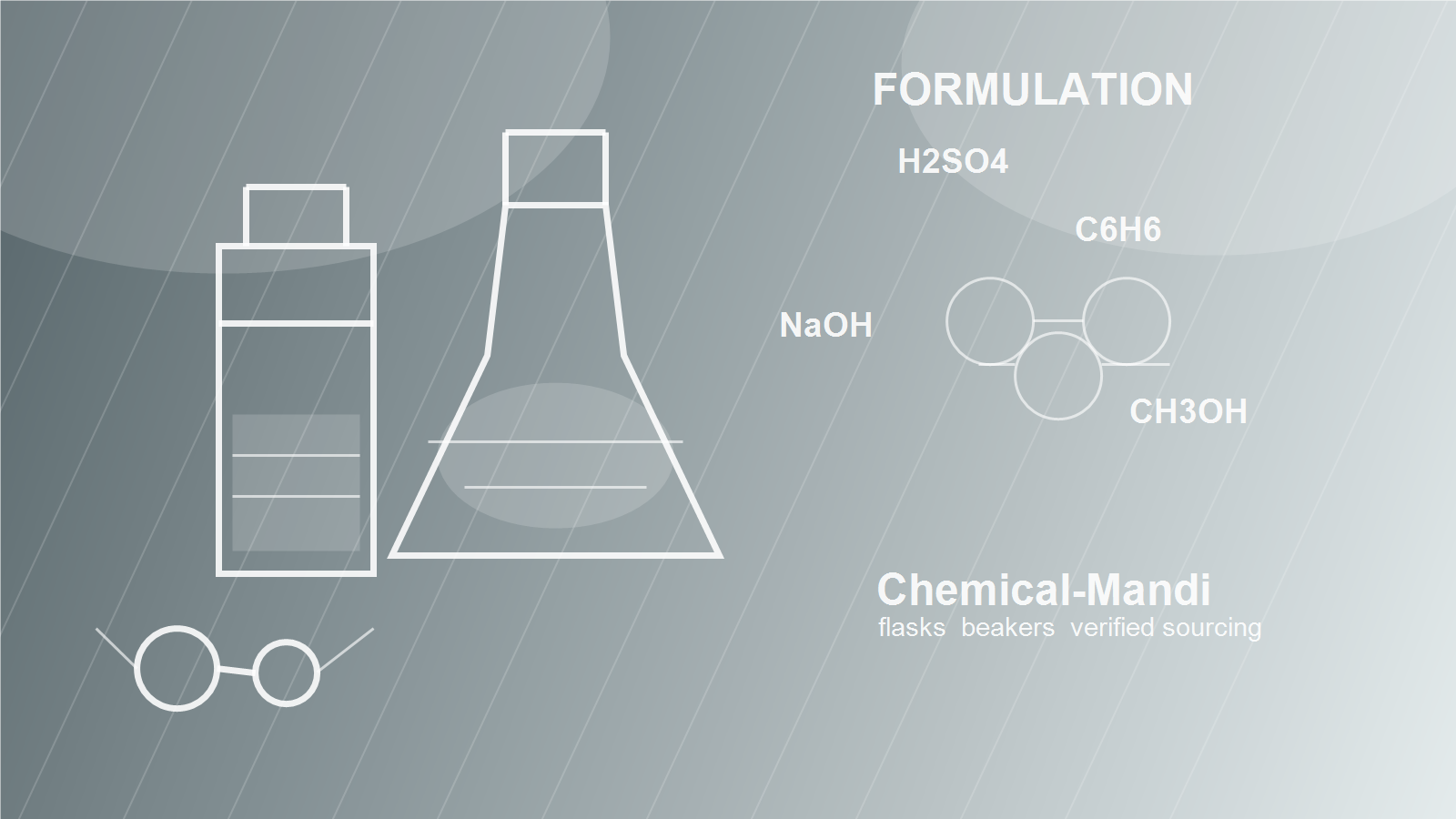 Glossy steel grey chemical formulation background with white flasks and beakers